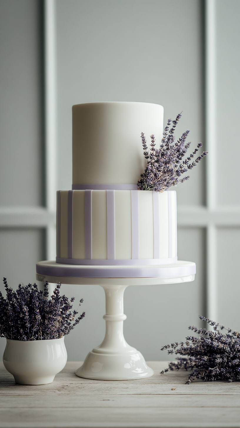 Elegant purple ribbon-wrapped tiers with floral embellishments
