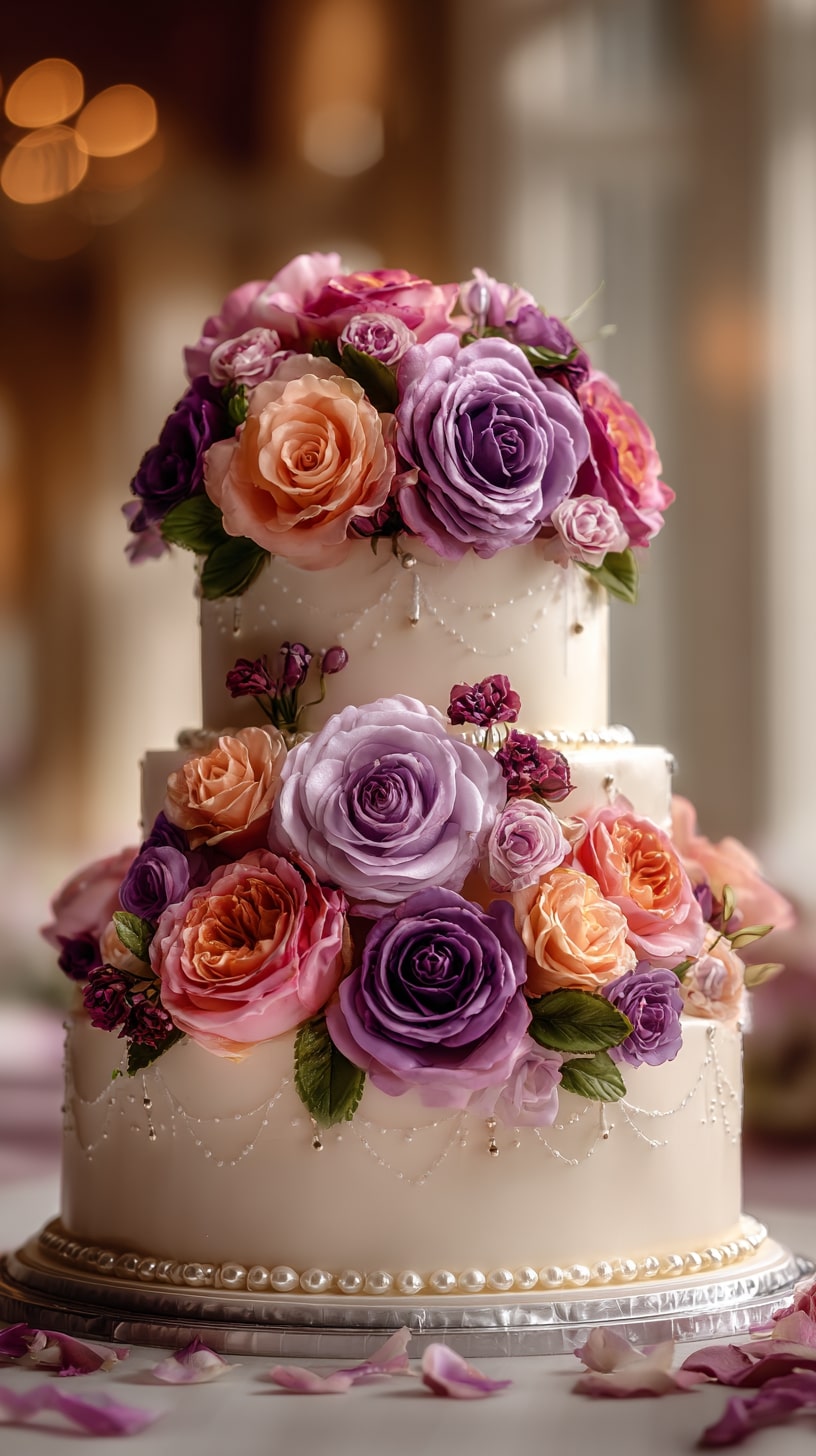 Purple ombré cake adorned with sugar flowers