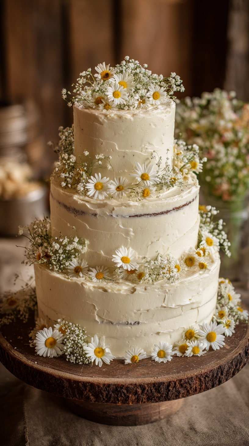Buttercream cake adorned with wildflowers and greenery