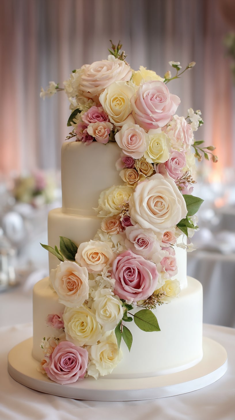 Four-tier fondant cake adorned with fresh pink and white roses