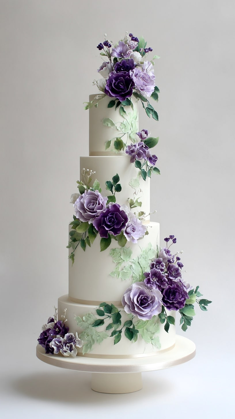 Three-tier cake with purple and white floral decorations
