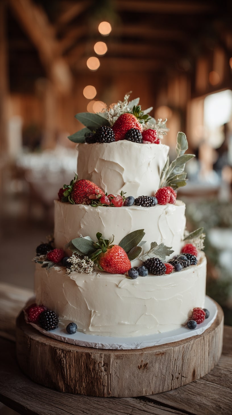 Tree bark textured cake with rustic wood slice tiers