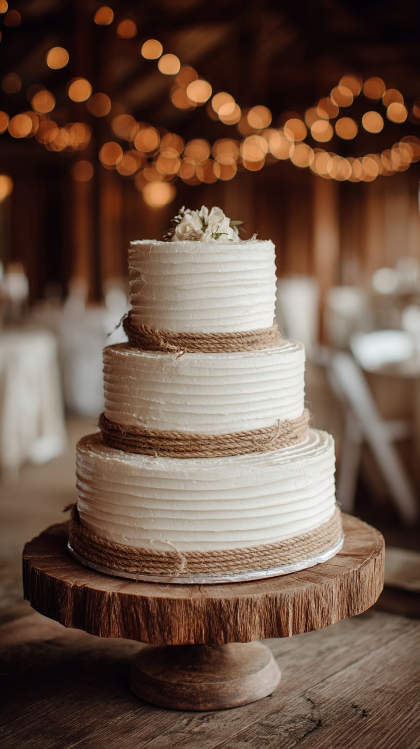Three-tier cake decorated with fresh berries and thyme