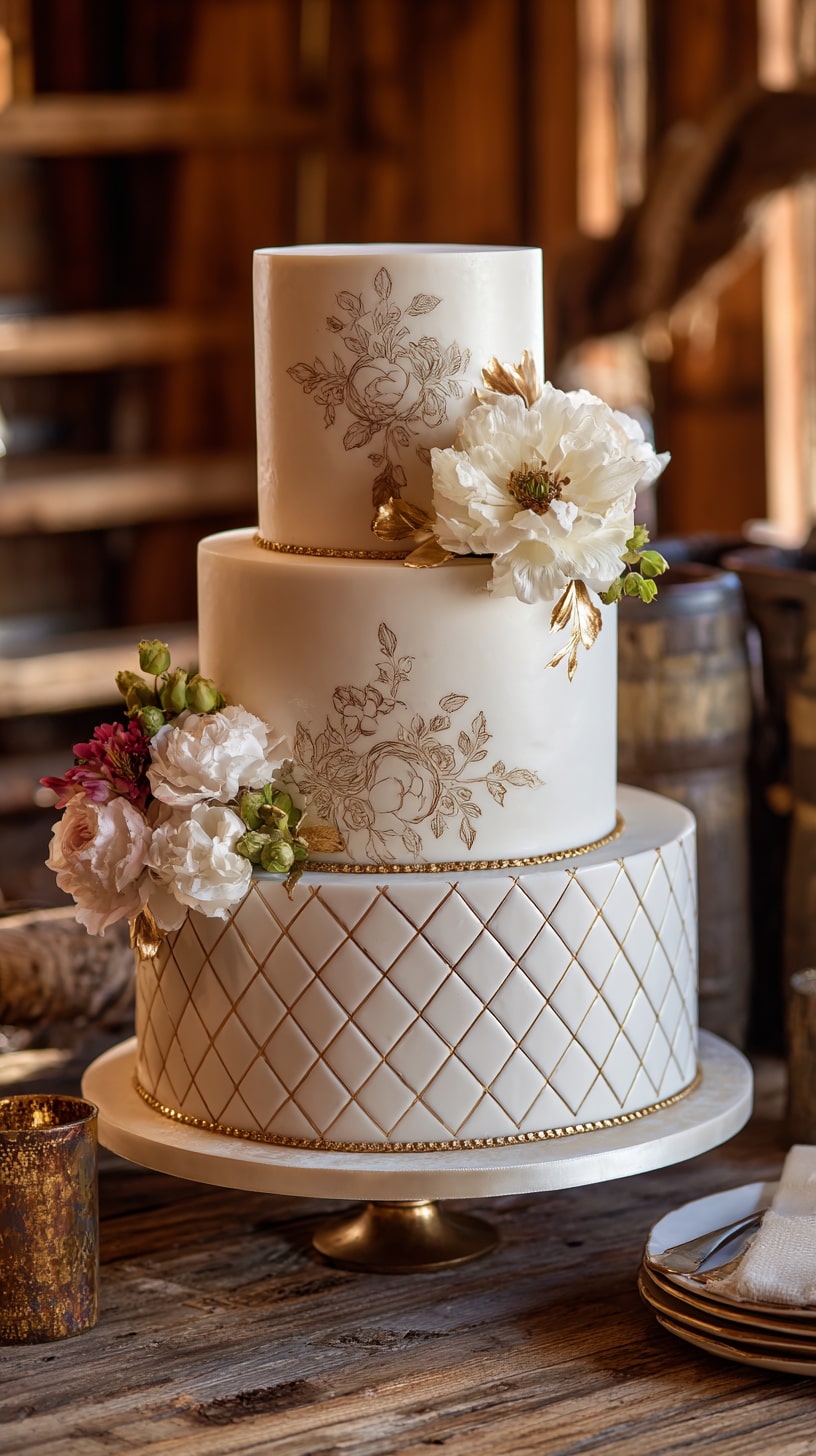 Cascading fresh flowers on a classic white barn cake