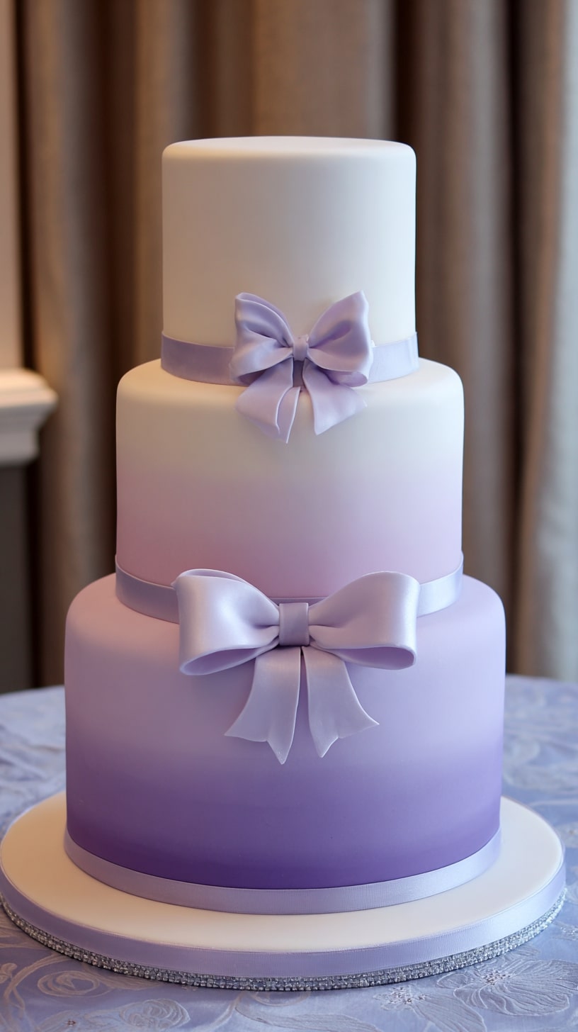 Two-tier cake with ribbon accents in varying purple tones