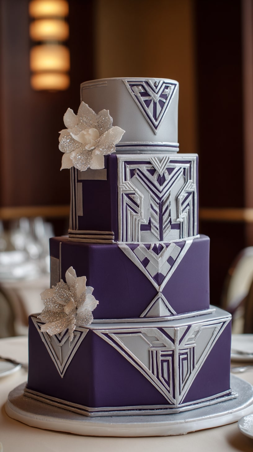Purple wedding cake featuring bunches of grapes and berries