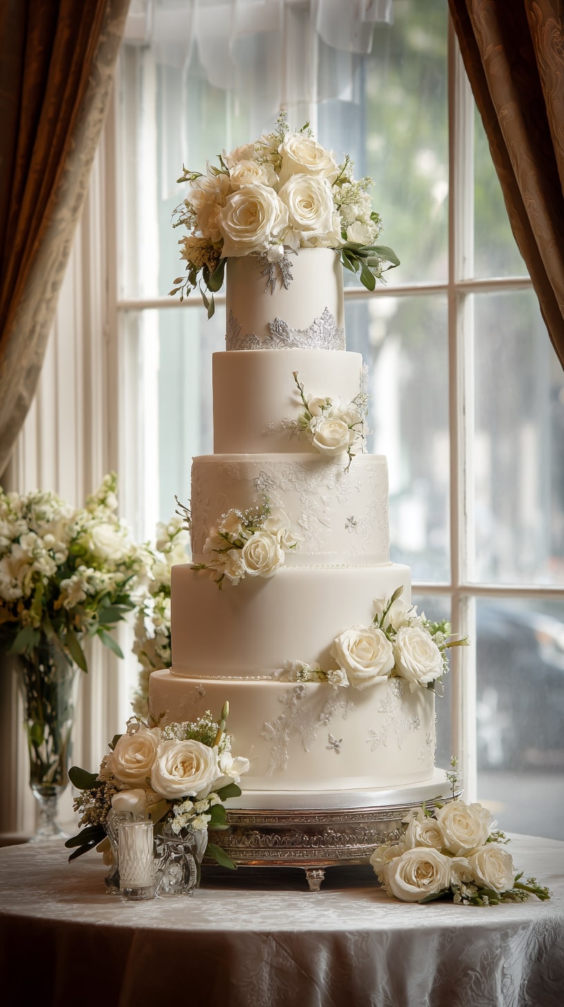 White cake with ombre pastel layers and white floral accents