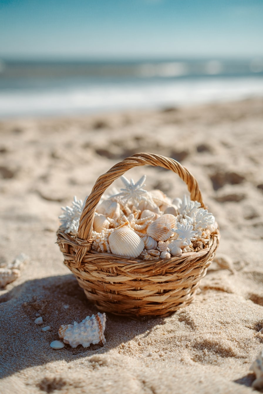 2. Fill Woven Baskets with Seashells for Natural Aisle Décor