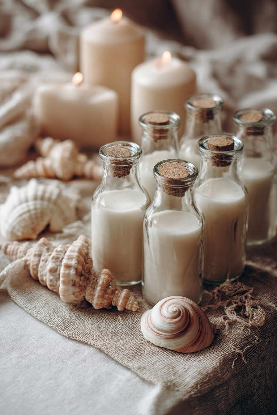 5. Arrange Corked Glass Bottles with Shells for Coastal Favors