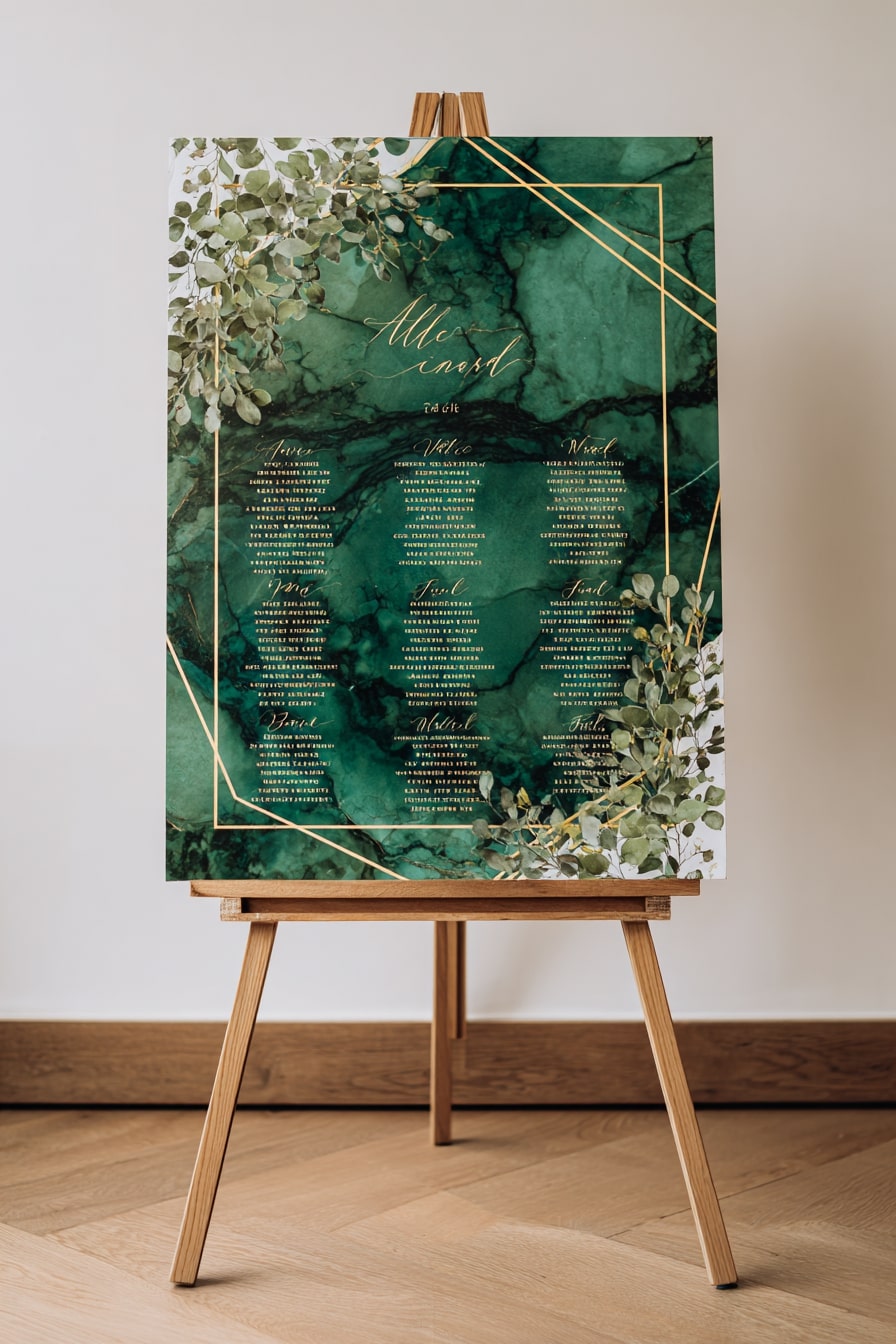 1. Guest Seating with a Marble-Inspired Chart and Gold Accents