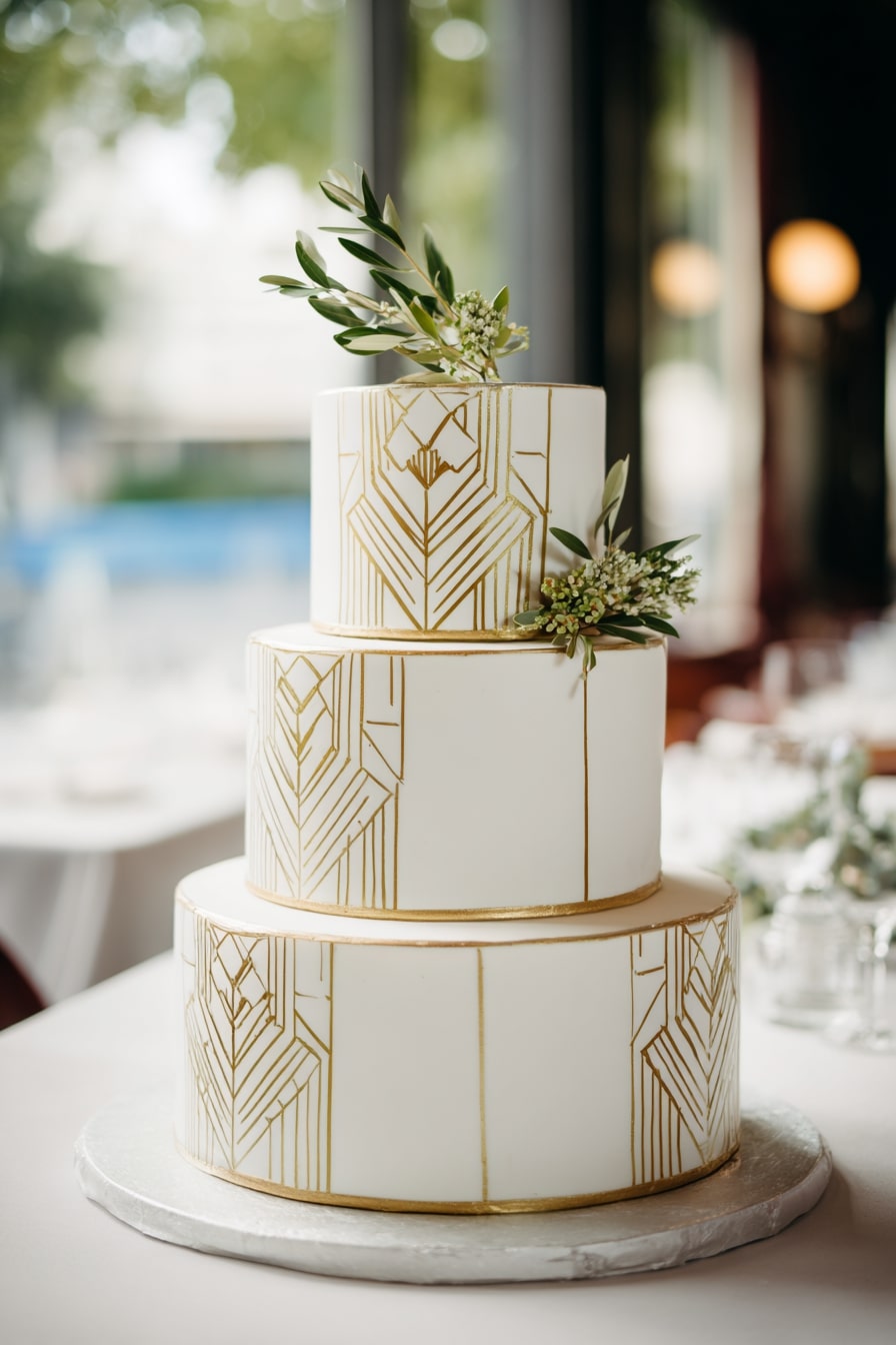 10. Dress a Tiered Cake with Art Deco Gold and Fresh Greenery