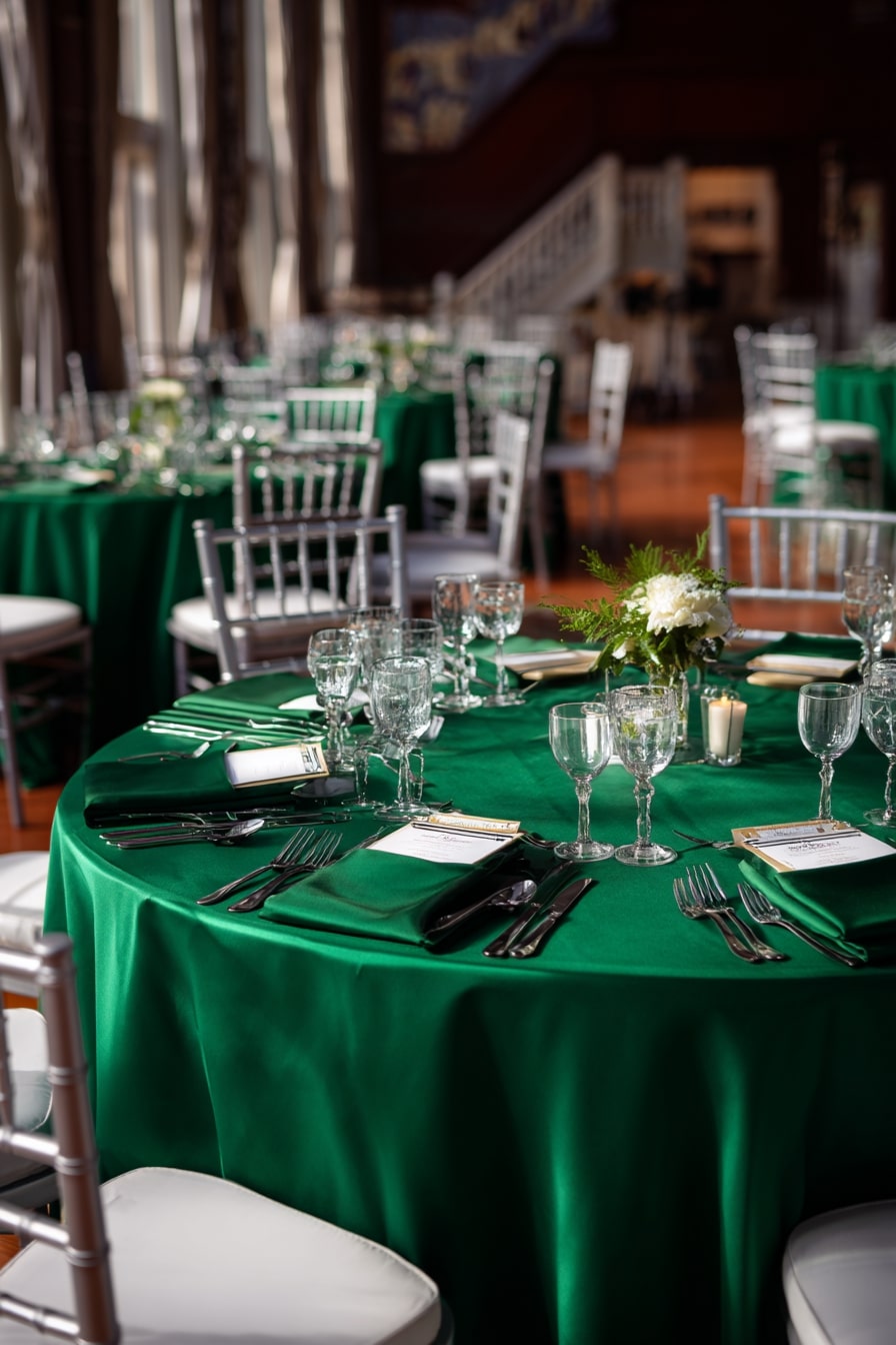 11. Ground a Reception Space with Rich Green Linens and Metallic Seating