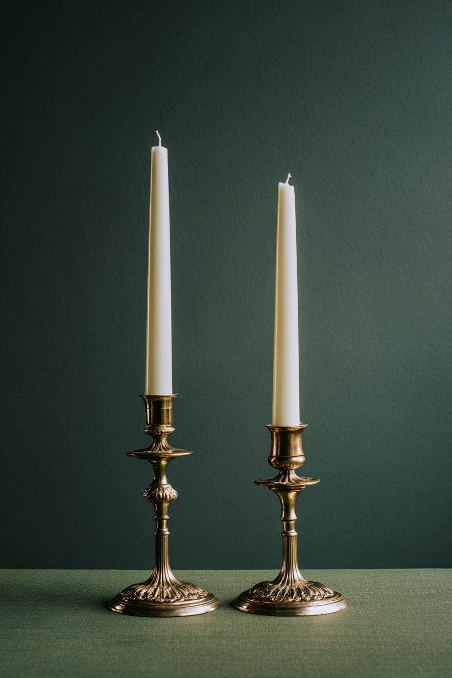 14. Anchor Tables with Gold Taper Holders on Deep Green Linen