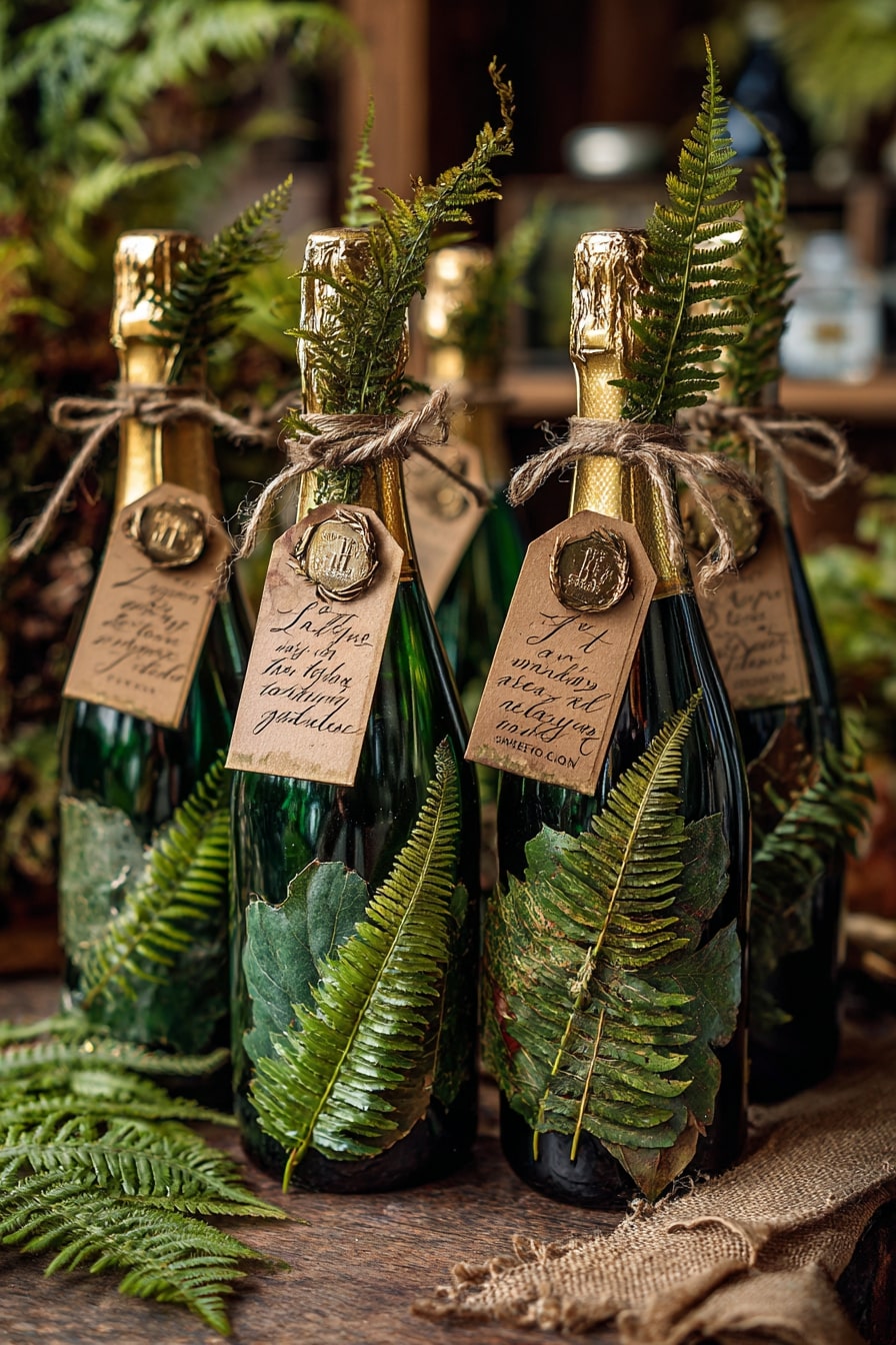 17. Dress Champagne Bottles with Fern Wraps and Wax-Sealed Tags