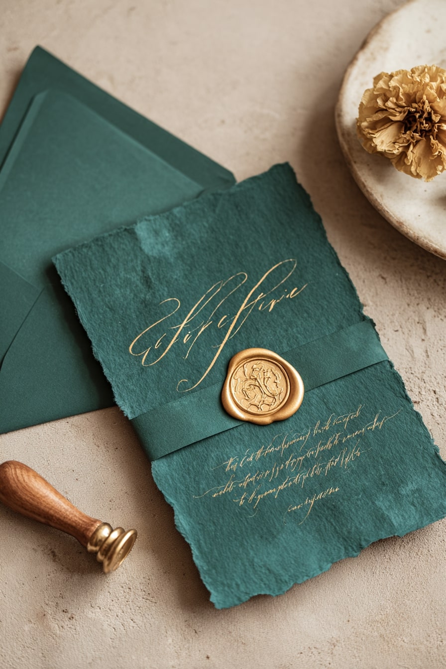 18. Pair Deckled Green Paper with Gold Wax for Luxe Invitations