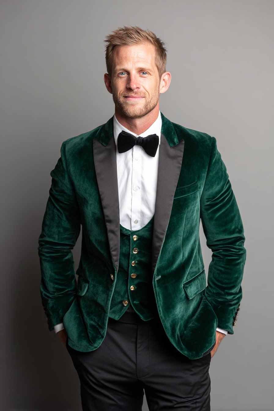 2. Sharpen Formalwear with Emerald Velvet and Gold Detailing