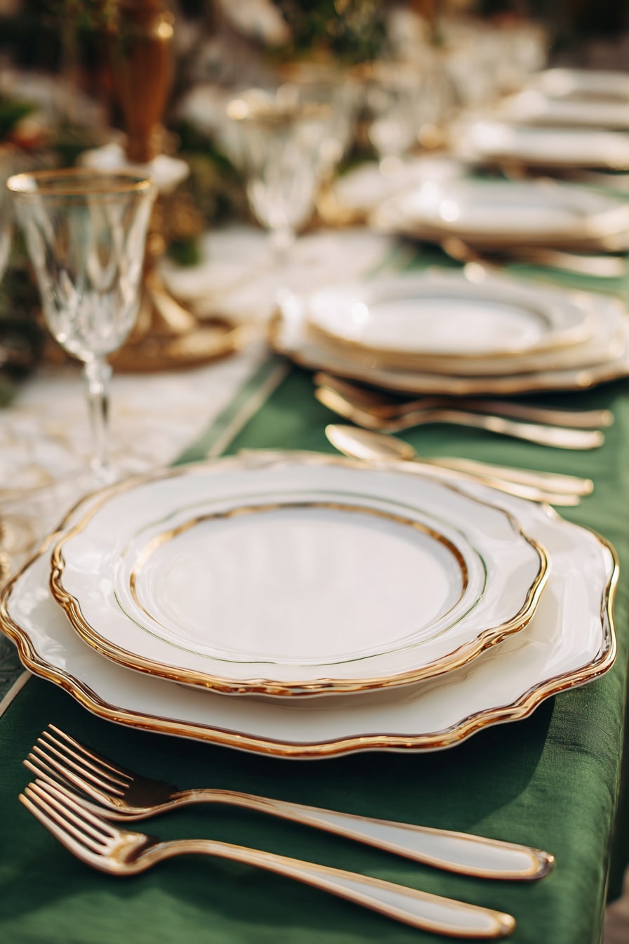 6. Place Settings with Gold-Rimmed China on Emerald Linen