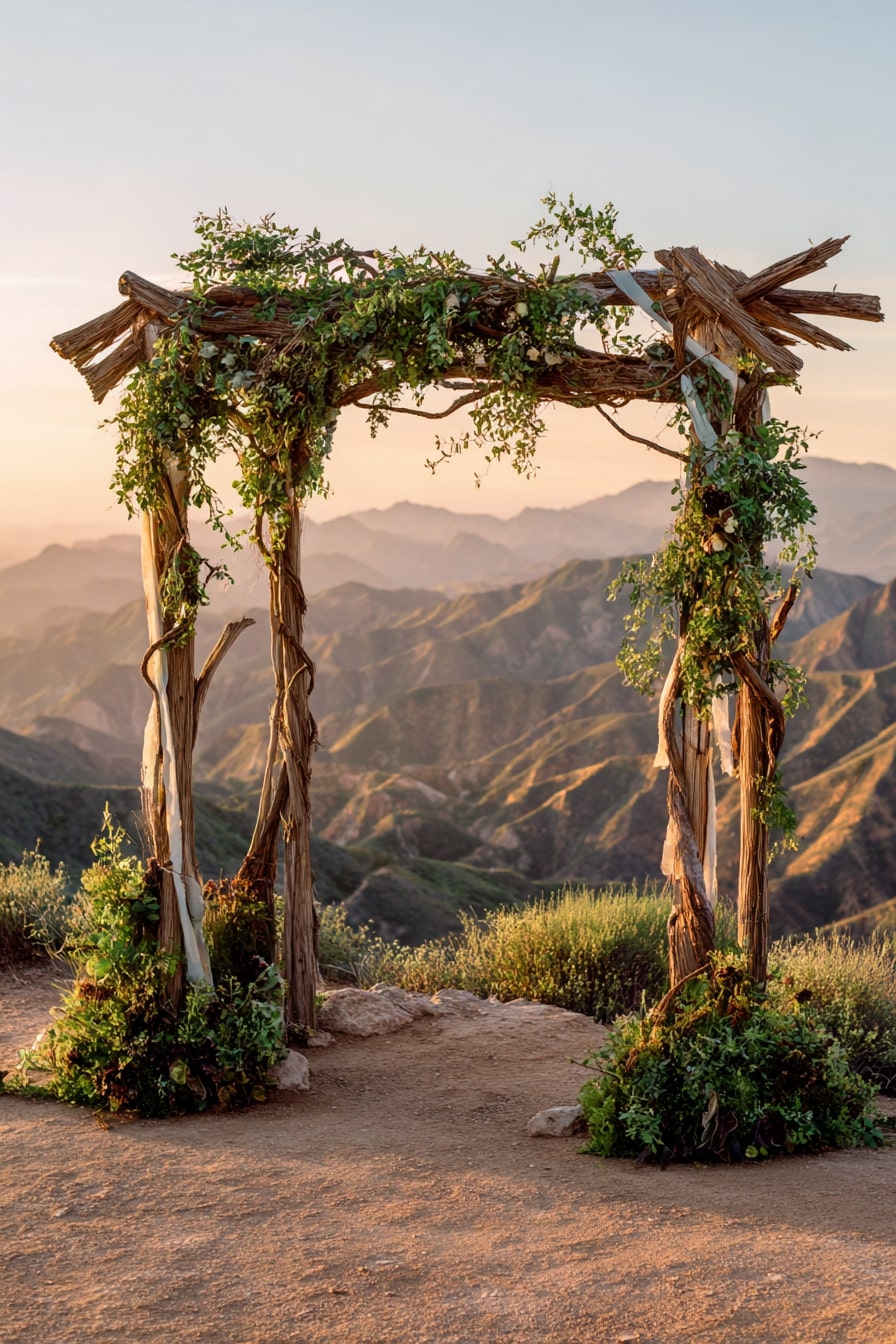 7. Frame a Mountain View with a Rustic Greenery Arch