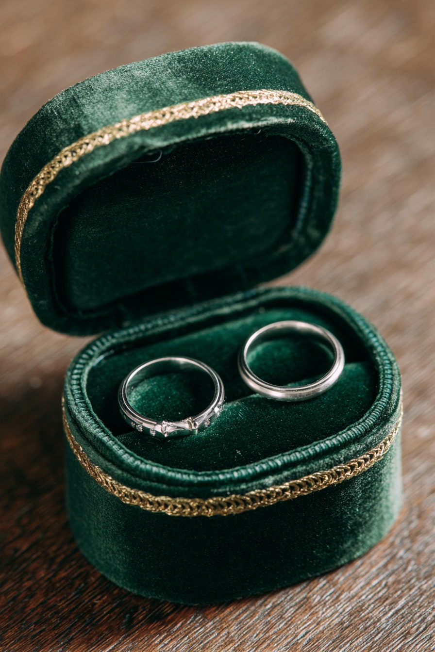 8. Present Wedding Rings in a Velvet Box with Gold Trim