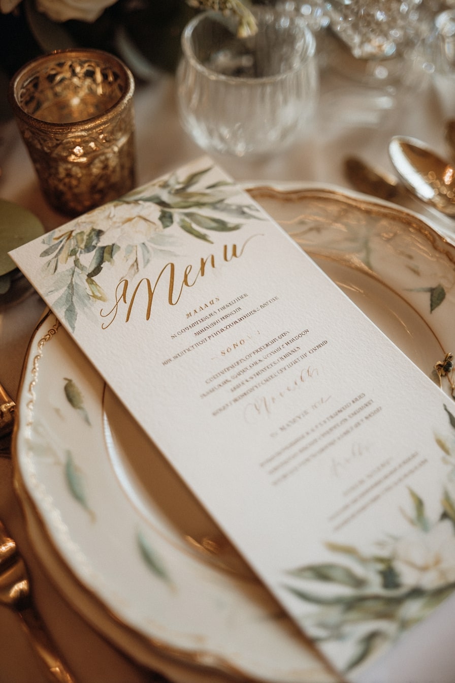 9. Pair Botanical Stationery with Gilded Tableware for Cohesion