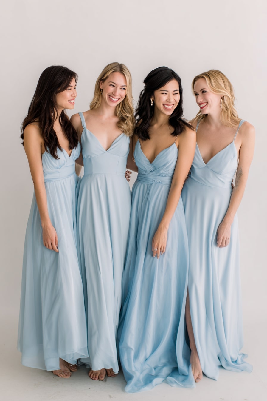 12. Choose Soft Blue Dresses for a Calm, Unified Palette
