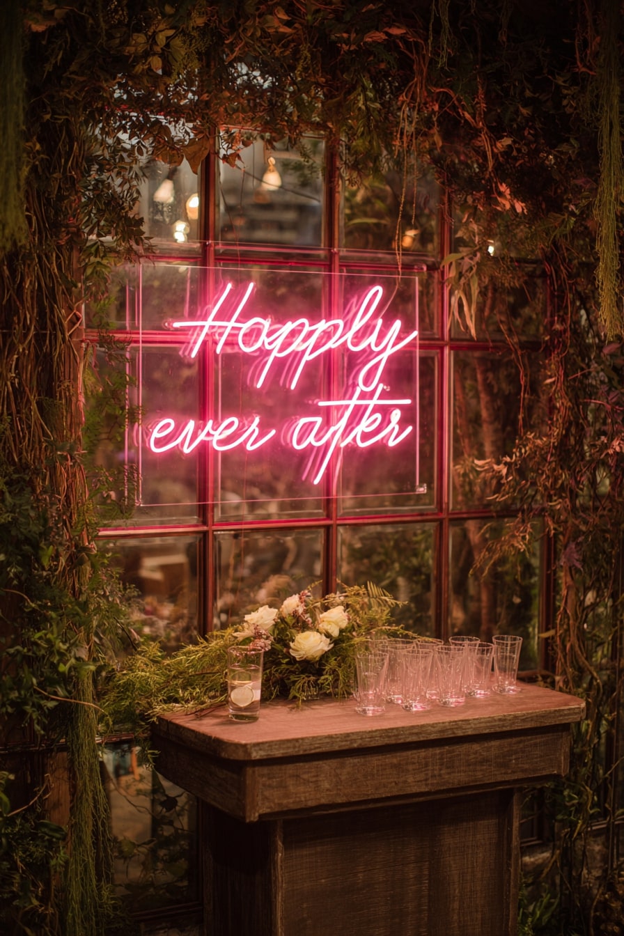 6. Pair Neon Signage with Lush Greenery for a Statement Backdrop