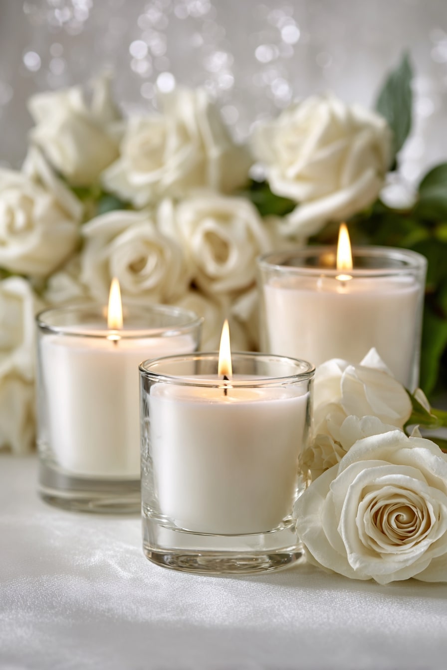 1. Elevate Guest Tables with White Rose and Candle Clusters
