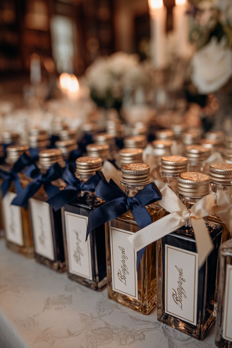2. Dress Mini Bottles with Satin Ribbon for a Luxe Send-Off