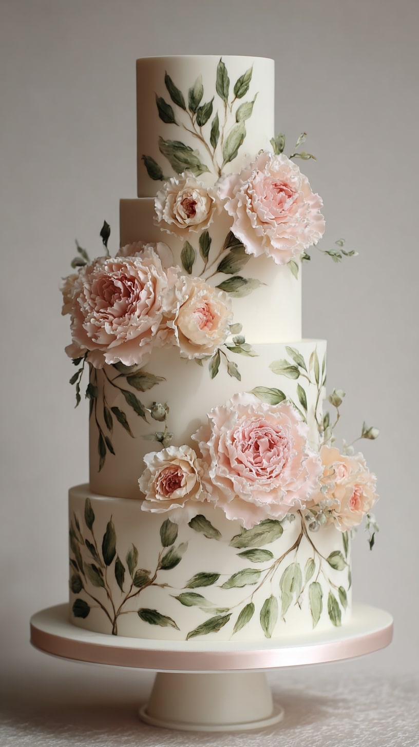 Smooth fondant tiers with intricate lace patterns