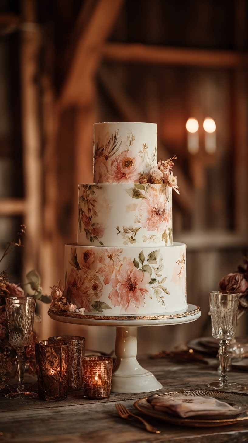 Rustic cake featuring dried flowers and wheat stalks
