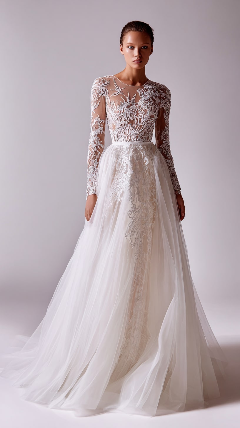  A-line long sleeve lace dress with scalloped cuffs