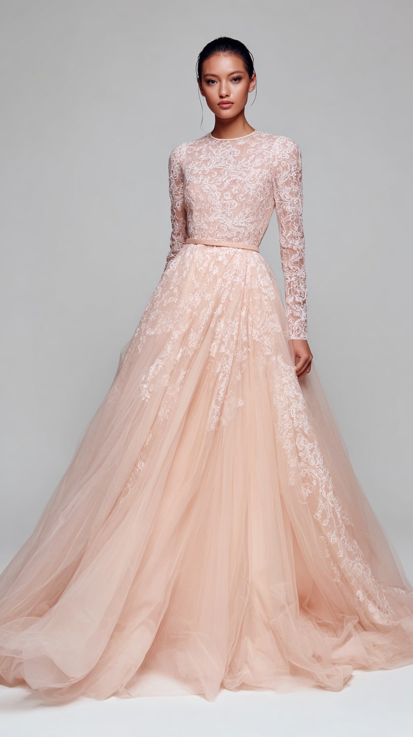 Ball gown long sleeve dress with tulle skirt