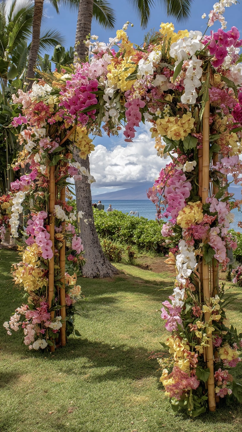 Bamboo arch decorated with plumeria