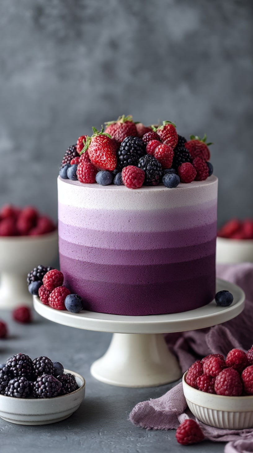 Berry-topped purple cake with subtle gradient shading