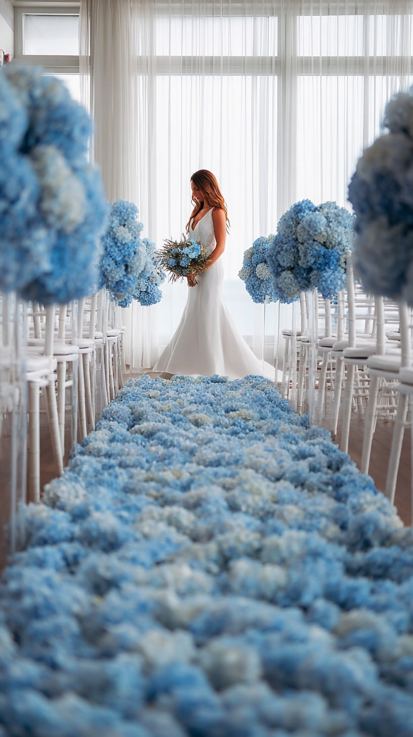 Blue hydrangea aisle decorations