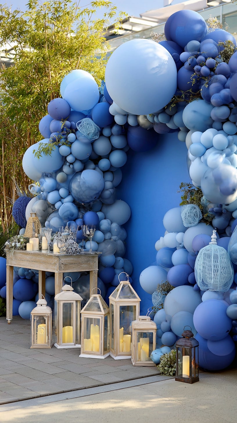 Blue ombre balloons and lanterns