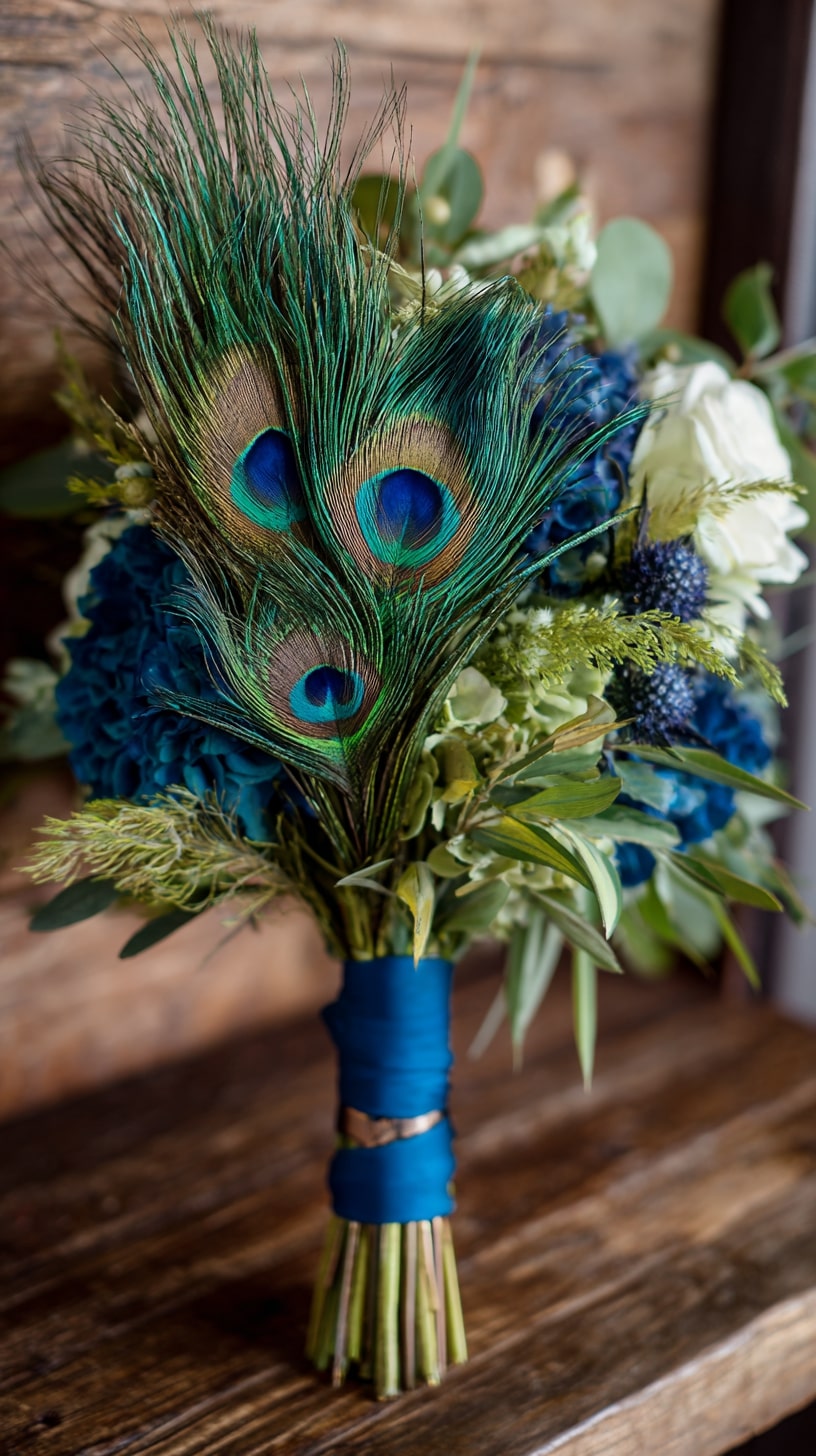 Blue peacock feathers in boutonnieres