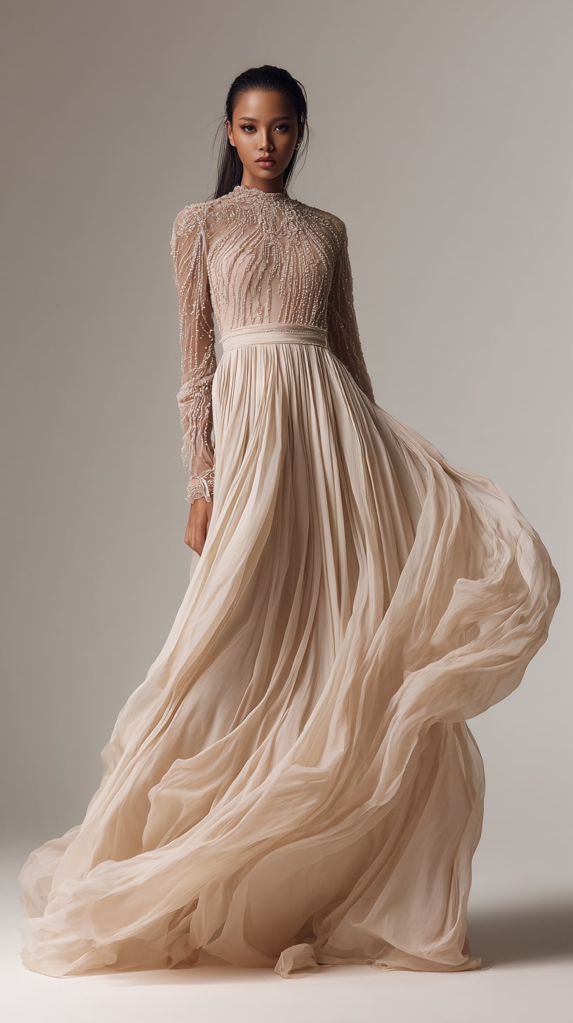 Boho-chic long sleeve gown with flowing chiffon fabric