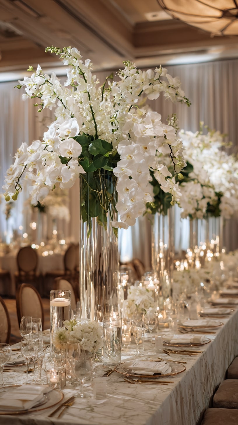Cascading Orchid Centerpieces with Greenery
