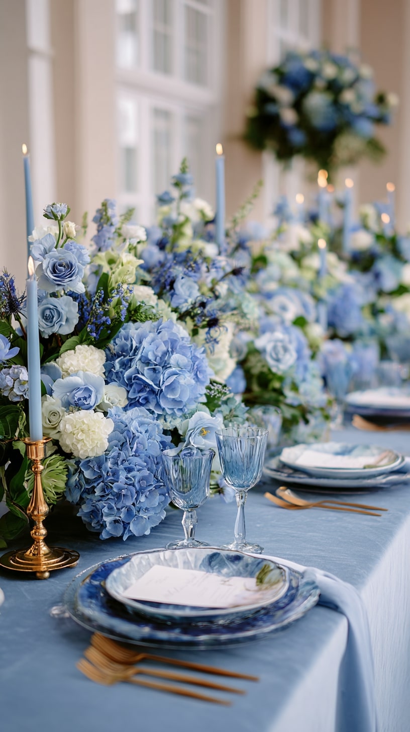Cerulean blue floral centerpieces