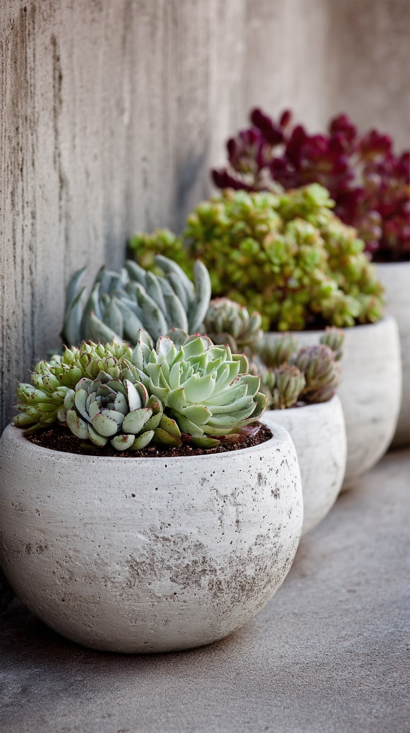 Concrete or stone planters with succulents