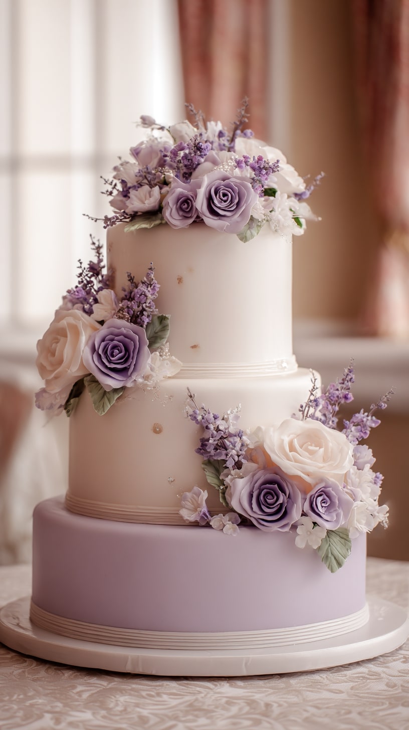 Elegant purple ribbon-wrapped tiers with floral embellishments