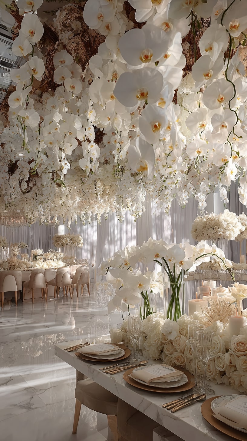 Gold Arch Draped with White Orchids and Lush Foliage