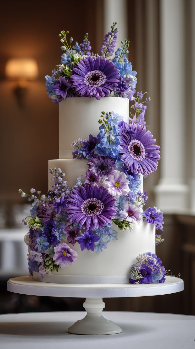 Fresh purple blooms atop a buttercream frosted cake