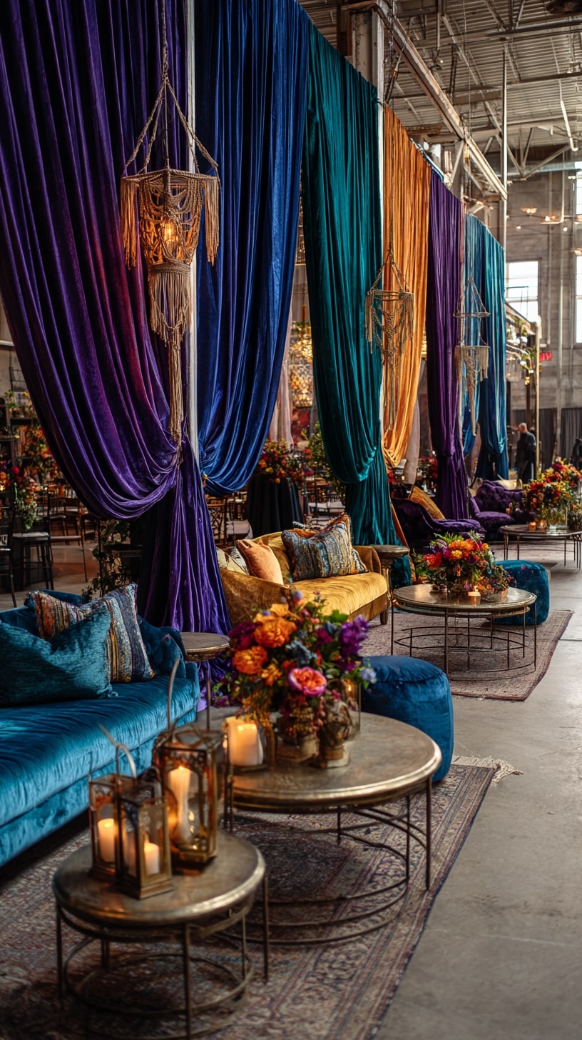 Gem-colored draped velvet walls
