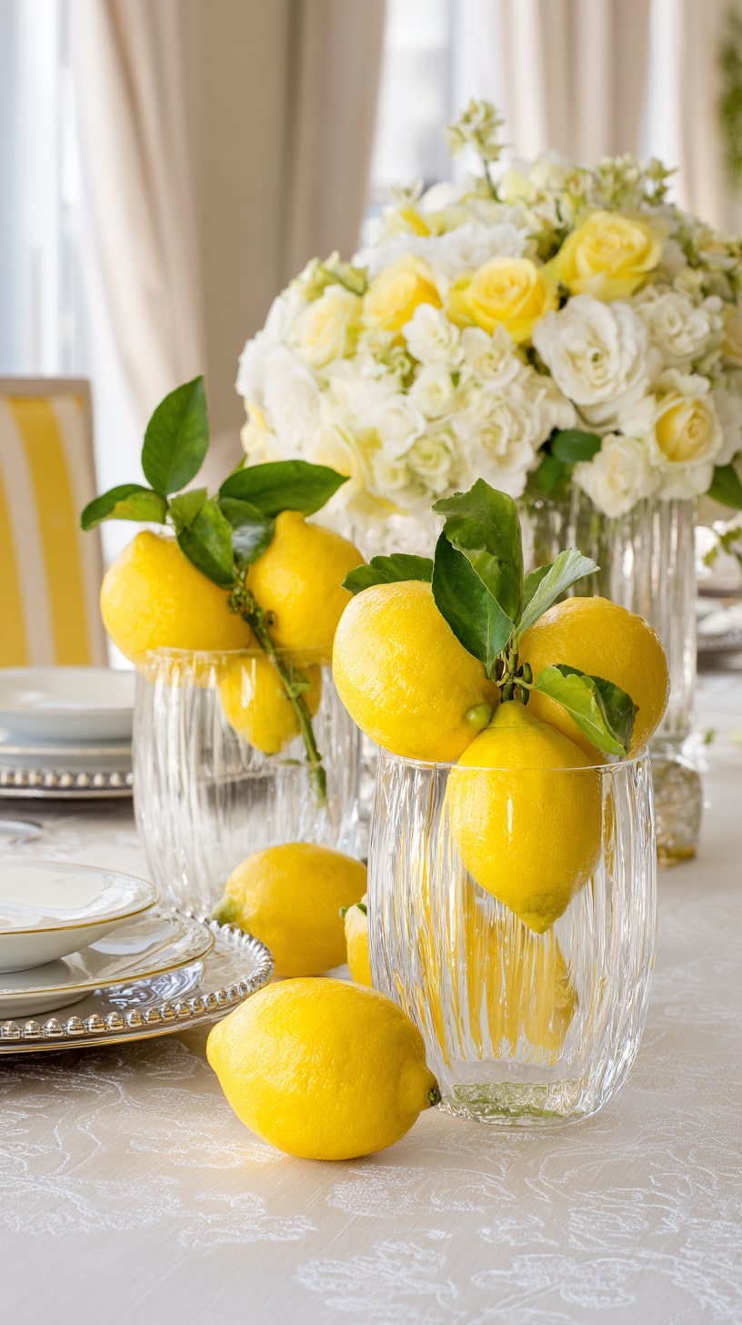 Glass vases filled with whole lemons