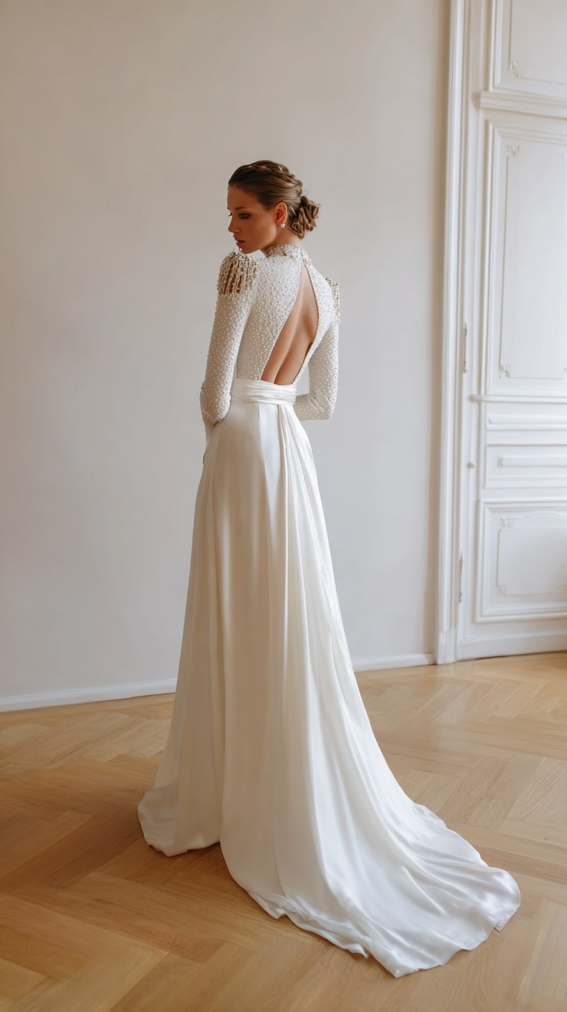 High-neck long sleeve dress with keyhole back