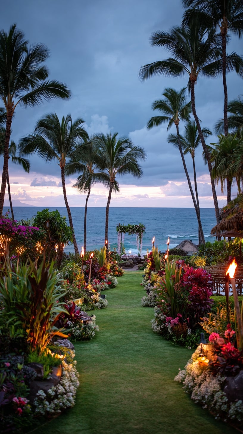 Illuminated tiki torches lining pathways