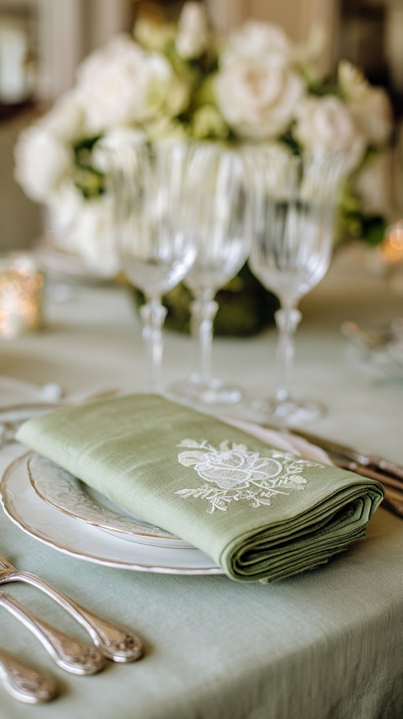 Layered linen napkins in sage green with delicate embroidery