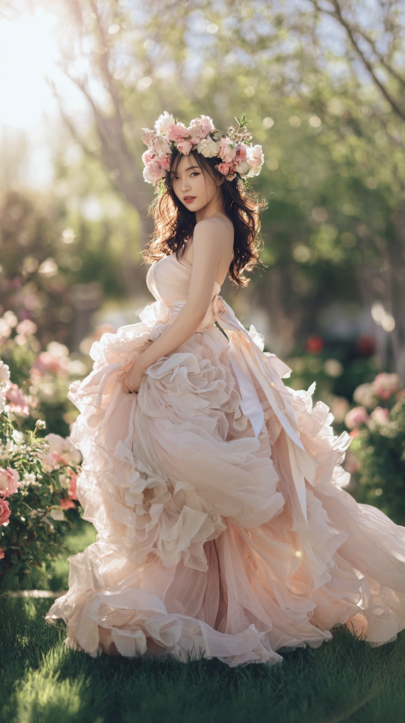 Layered tulle dress with flower crown accessory